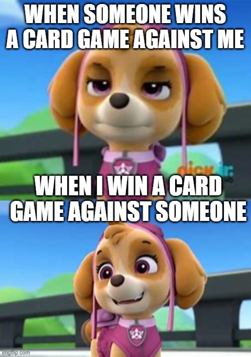 Mad Skye Happy Skye (Paw Patrol) | WHEN SOMEONE WINS A CARD GAME AGAINST ME; WHEN I WIN A CARD GAME AGAINST SOMEONE | image tagged in paw patrol | made w/ Imgflip meme maker