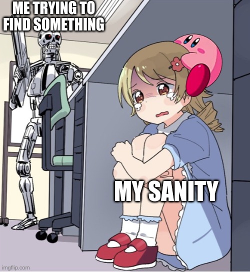 Anime Girl Hiding from Terminator | ME TRYING TO FIND SOMETHING; MY SANITY | image tagged in anime girl hiding from terminator | made w/ Imgflip meme maker