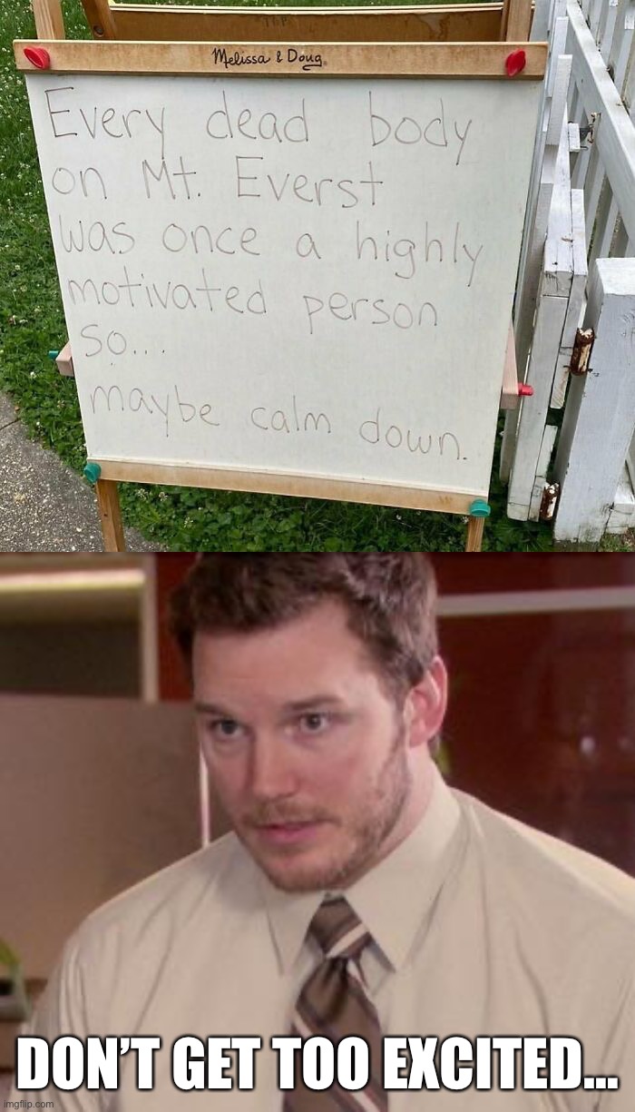 Don’t get too many ideas | DON’T GET TOO EXCITED… | image tagged in andy dwyer,calm down,mount everest,memes,funny | made w/ Imgflip meme maker