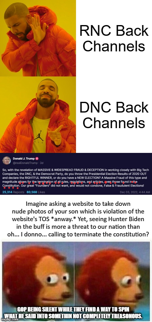 RNC Back Channels DNC Back Channels Imagine asking a website to take down nude photos of your son which is violation of the website's TOS *a | image tagged in memes,drake hotline bling,monkey puppet | made w/ Imgflip meme maker