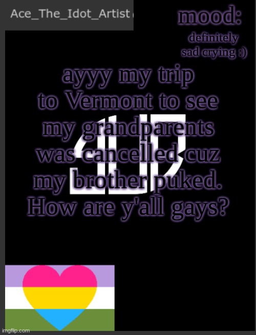 We rescheduled but that still was not the greatest thing to hear after a really bad day | definitely sad crying :); ayyy my trip to Vermont to see my grandparents was cancelled cuz my brother puked. How are y'all gays? | image tagged in template lmao | made w/ Imgflip meme maker