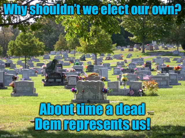 cemetery | Why shouldn’t we elect our own? About time a dead Dem represents us! | image tagged in cemetery | made w/ Imgflip meme maker