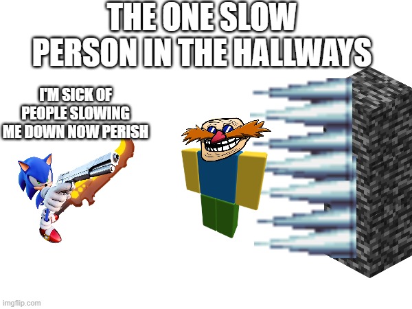 the slow people | THE ONE SLOW PERSON IN THE HALLWAYS; I'M SICK OF PEOPLE SLOWING ME DOWN NOW PERISH | image tagged in middle school,high school,memes | made w/ Imgflip meme maker