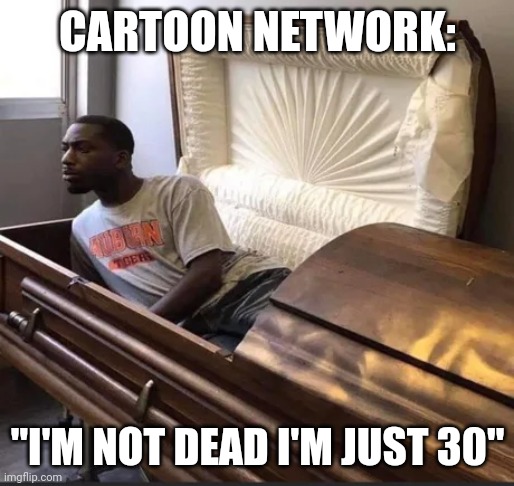 Coffin |  CARTOON NETWORK:; "I'M NOT DEAD I'M JUST 30" | image tagged in coffin | made w/ Imgflip meme maker