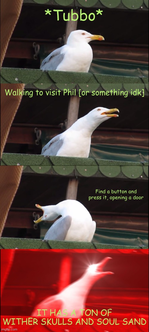 Memes of the beginning of the smp day two part 2 | *Tubbo*; Walking to visit Phil [or something idk]; Find a button and press it, opening a door; IT HAS A TON OF WITHER SKULLS AND SOUL SAND | image tagged in memes,inhaling seagull | made w/ Imgflip meme maker