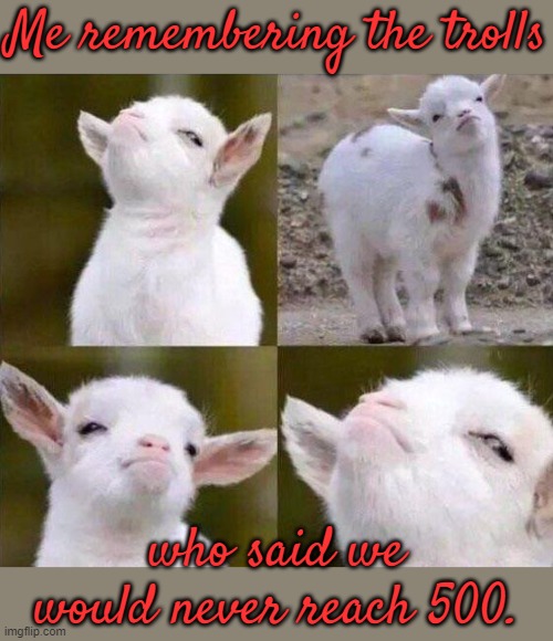 Smug Goat | Me remembering the trolls who said we would never reach 500. | image tagged in smug goat | made w/ Imgflip meme maker