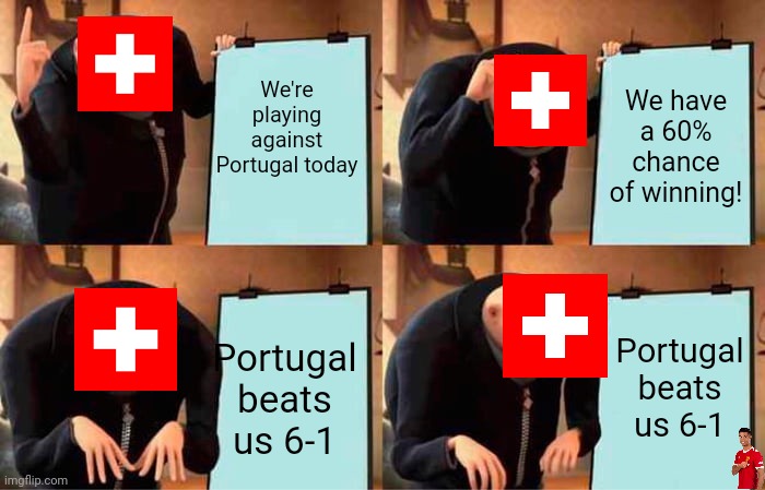 FIFA World Cup: Switzerland vs. Portugal | We're playing against Portugal today; We have a 60% chance of winning! Portugal beats us 6-1; Portugal beats us 6-1 | image tagged in memes,gru's plan,football,2022,world cup,sports | made w/ Imgflip meme maker