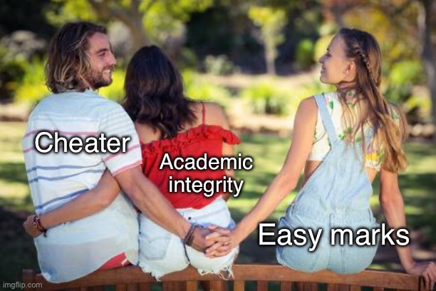 Cheating in exams be like | Cheater Academic integrity Easy marks | image tagged in cheater on the downlow,academic,integrity,school | made w/ Imgflip meme maker