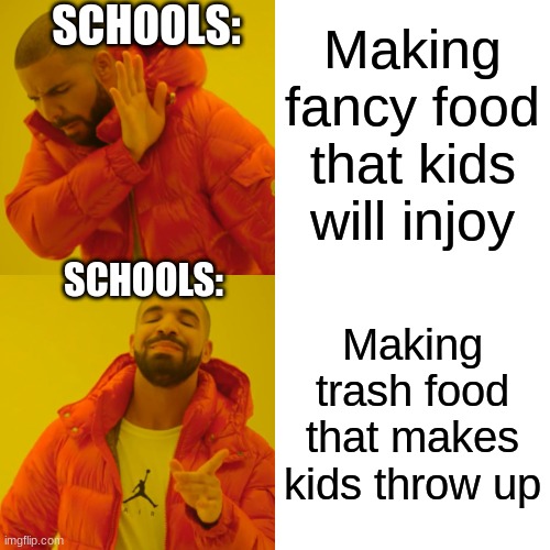 School Lunch Be Like... | Making fancy food that kids will injoy; SCHOOLS:; SCHOOLS:; Making trash food that makes kids throw up | image tagged in memes,drake hotline bling | made w/ Imgflip meme maker