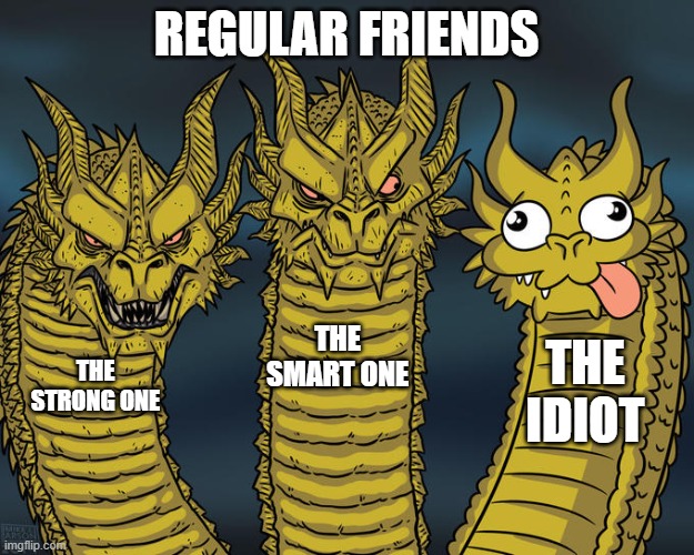 Best Friends | REGULAR FRIENDS; THE SMART ONE; THE IDIOT; THE STRONG ONE | image tagged in three-headed dragon | made w/ Imgflip meme maker