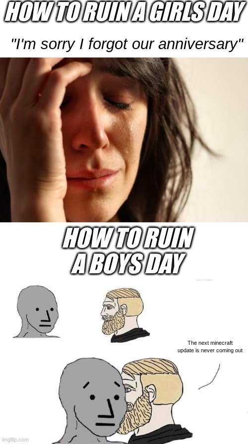 HOW TO RUIN A GIRLS DAY; "I'm sorry I forgot our anniversary"; HOW TO RUIN A BOYS DAY; The next minecraft update is never coming out | image tagged in memes,first world problems,chad approaching npc | made w/ Imgflip meme maker