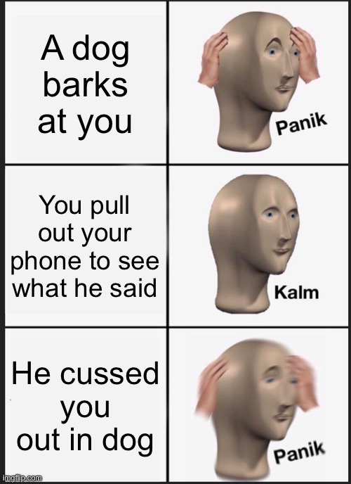 Panik Kalm Panik | A dog barks at you; You pull out your phone to see what he said; He cussed you out in dog | image tagged in memes,panik kalm panik | made w/ Imgflip meme maker