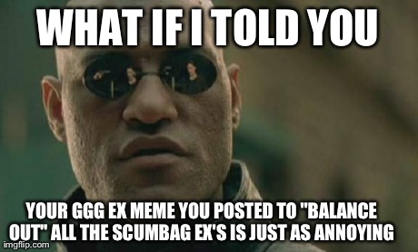 Matrix Morpheus Meme | WHAT IF I TOLD YOU YOUR GGG EX MEME YOU POSTED TO "BALANCE OUT" ALL THE SCUMBAG EX'S IS JUST AS ANNOYING | image tagged in memes,matrix morpheus | made w/ Imgflip meme maker