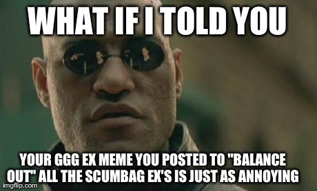 Matrix Morpheus | WHAT IF I TOLD YOU YOUR GGG EX MEME YOU POSTED TO "BALANCE OUT" ALL THE SCUMBAG EX'S IS JUST AS ANNOYING | image tagged in memes,matrix morpheus | made w/ Imgflip meme maker
