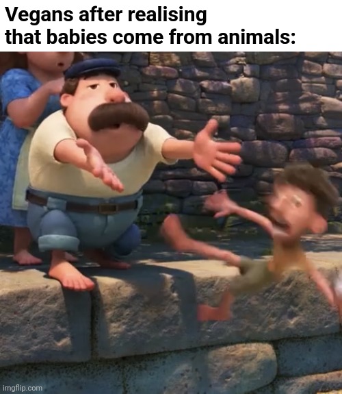 Some vegans don't use animal stuff either. | Vegans after realising that babies come from animals: | image tagged in man throws child into water,vegans,baby,vegans and babies | made w/ Imgflip meme maker