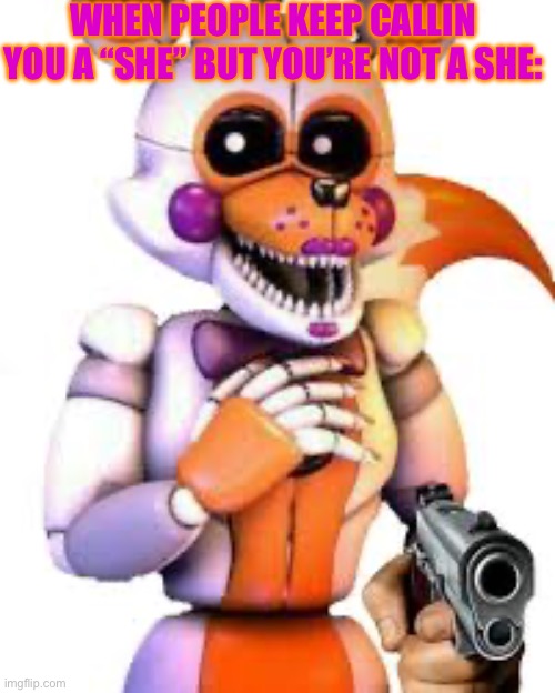 HE OR THEY >:(( | WHEN PEOPLE KEEP CALLIN YOU A “SHE” BUT YOU’RE NOT A SHE: | image tagged in savage lolbit | made w/ Imgflip meme maker
