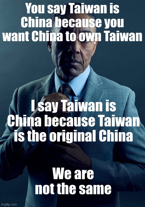 Gus Fring we are not the same | You say Taiwan is China because you want China to own Taiwan; I say Taiwan is China because Taiwan is the original China; We are not the same | image tagged in gus fring we are not the same | made w/ Imgflip meme maker