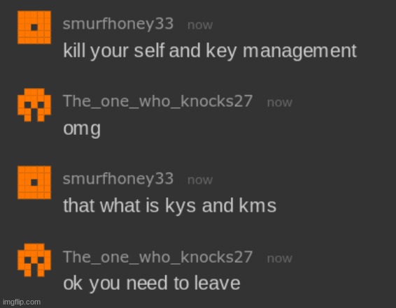 broo doesnt even know what kms means lol | image tagged in smurfhoney | made w/ Imgflip meme maker