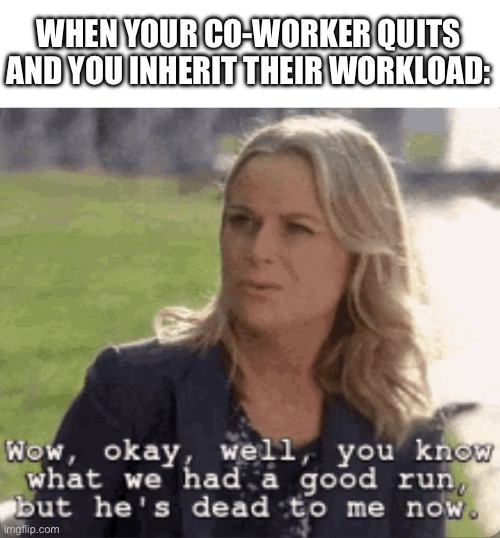 When Your Co-Worker Quits | WHEN YOUR CO-WORKER QUITS AND YOU INHERIT THEIR WORKLOAD: | image tagged in dead to me,parks and rec,leslie knope,coworker,inherited workload | made w/ Imgflip meme maker