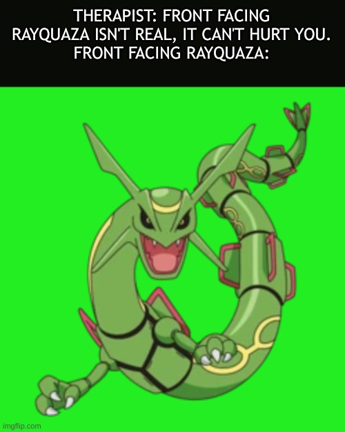 it's so cursed | THERAPIST: FRONT FACING RAYQUAZA ISN'T REAL, IT CAN'T HURT YOU.
FRONT FACING RAYQUAZA: | made w/ Imgflip meme maker