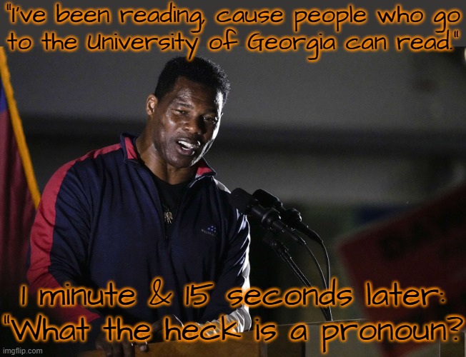 It speaks for itself... | "I've been reading, cause people who go
to the University of Georgia can read."; 1 minute & 15 seconds later:
"What the heck is a pronoun? | image tagged in herschel walker attempts to speak,special kind of stupid,conservative logic | made w/ Imgflip meme maker