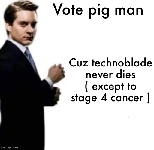 Child abuse enforcement agency | Vote pig man; Cuz technoblade never dies
( except to stage 4 cancer ) | image tagged in child abuse enforcement agency | made w/ Imgflip meme maker