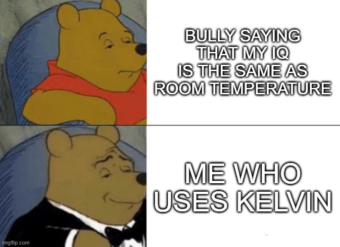 Kelvin | BULLY SAYING THAT MY IQ IS THE SAME AS ROOM TEMPERATURE; ME WHO USES KELVIN | image tagged in memes,tuxedo winnie the pooh | made w/ Imgflip meme maker