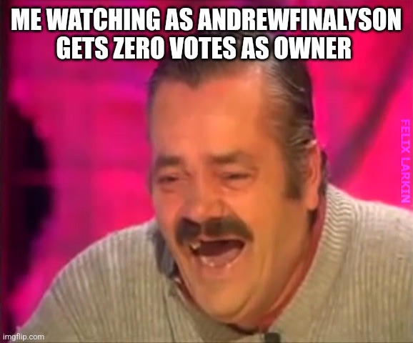 Finally msmg will return to semi normal | ME WATCHING AS ANDREWFINALYSON GETS ZERO VOTES AS OWNER | image tagged in laughter | made w/ Imgflip meme maker