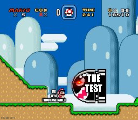 mario world | THE TEST; ME, WHO PROCRASTINATED | image tagged in mario world | made w/ Imgflip meme maker