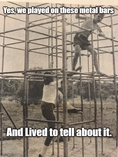 Monkey Bars | Yes, we played on these metal bars; And Lived to tell about it. | image tagged in lisa payne,u r home realty,manville strong | made w/ Imgflip meme maker