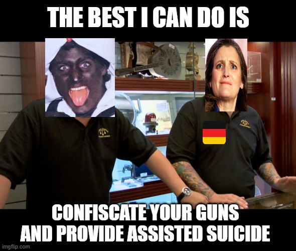 The best Trudeau can do |  THE BEST I CAN DO IS; CONFISCATE YOUR GUNS AND PROVIDE ASSISTED SUICIDE | image tagged in pawn stars best i can do,justin trudeau,meanwhile in canada | made w/ Imgflip meme maker