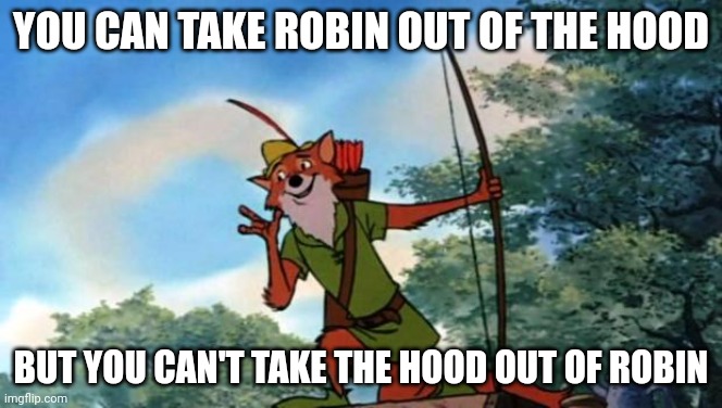 Robin Hood | YOU CAN TAKE ROBIN OUT OF THE HOOD; BUT YOU CAN'T TAKE THE HOOD OUT OF ROBIN | image tagged in robin hood disney,shower thoughts,robin hood,memes,robin,hood | made w/ Imgflip meme maker