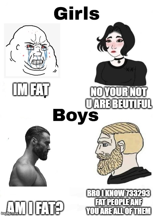 Girls vs Boys | NO YOUR NOT U ARE BEUTIFUL; IM FAT; BRO I KNOW 733293 FAT PEOPLE ANF YOU ARE ALL OF THEM; AM I FAT? | image tagged in girls vs boys | made w/ Imgflip meme maker