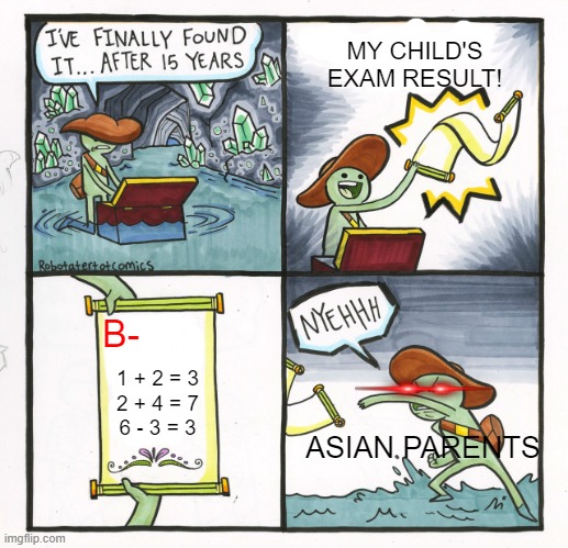 It's really scary when your parents know that you scored a bad score | MY CHILD'S EXAM RESULT! B-; 1 + 2 = 3
2 + 4 = 7
6 - 3 = 3; ASIAN PARENTS | image tagged in memes,the scroll of truth | made w/ Imgflip meme maker