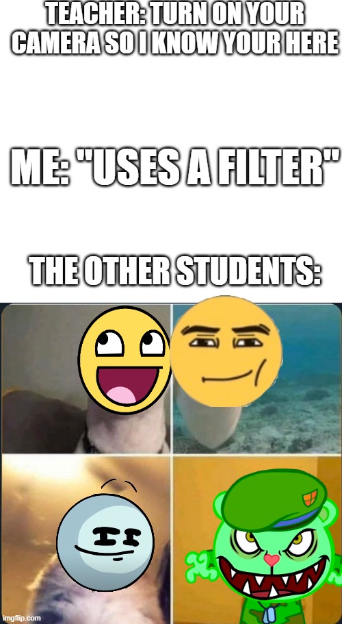 they got the same idea as me | TEACHER: TURN ON YOUR CAMERA SO I KNOW YOUR HERE; ME: "USES A FILTER"; THE OTHER STUDENTS: | image tagged in online classes,filters | made w/ Imgflip meme maker