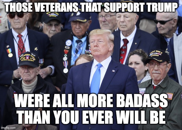 Veterans for Trump |  THOSE VETERANS THAT SUPPORT TRUMP; WERE ALL MORE BADASS THAN YOU EVER WILL BE | image tagged in veterans,donald trump,trump | made w/ Imgflip meme maker