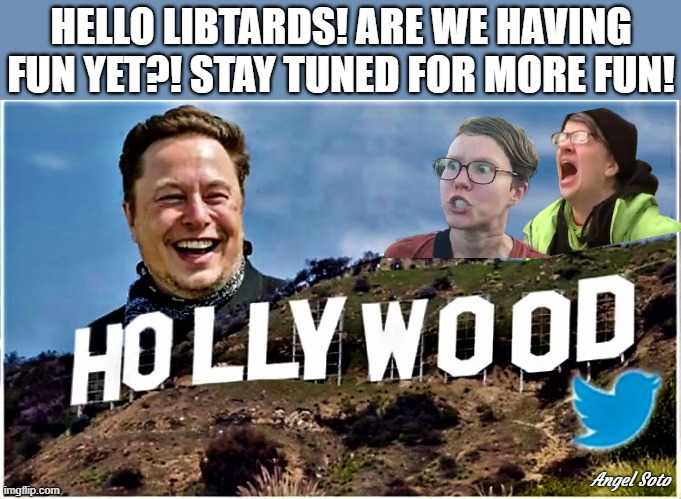 elon musk mocks hollywood | HELLO LIBTARDS! ARE WE HAVING
FUN YET?! STAY TUNED FOR MORE FUN! Angel Soto | image tagged in elon musk laughing,hollywood liberals,libtards,triggered feminist,triggered liberal,angry feminist | made w/ Imgflip meme maker