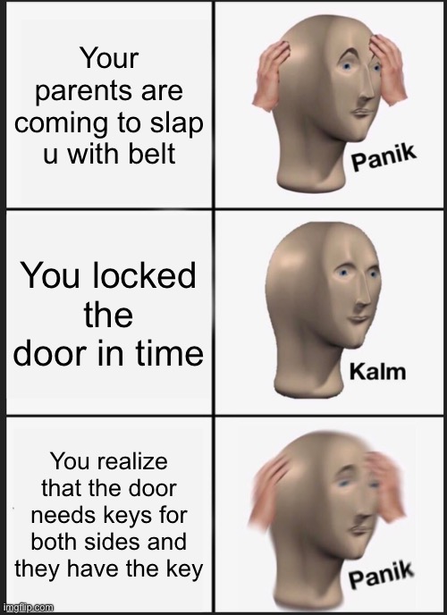 True | Your parents are coming to slap u with belt; You locked the door in time; You realize that the door needs keys for both sides and they have the key | image tagged in memes,panik kalm panik | made w/ Imgflip meme maker