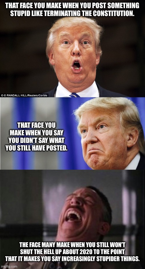 He had the nerve to mock Joe Biden’s mental capacity. | THAT FACE YOU MAKE WHEN YOU POST SOMETHING STUPID LIKE TERMINATING THE CONSTITUTION. THAT FACE YOU MAKE WHEN YOU SAY YOU DIDN’T SAY WHAT YOU STILL HAVE POSTED. THE FACE MANY MAKE WHEN YOU STILL WON’T SHUT THE HELL UP ABOUT 2020 TO THE POINT THAT IT MAKES YOU SAY INCREASINGLY STUPIDER THINGS. | image tagged in trump stupid face,trump mad,j jonah jameson laughing | made w/ Imgflip meme maker