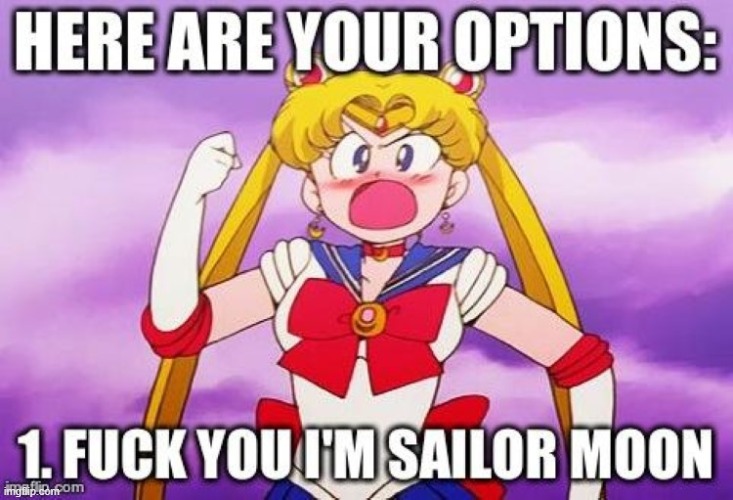 Here are your options: 1. F*** you. I'm Sailor Moon. | made w/ Imgflip meme maker