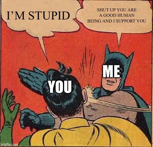 You are cool | I’M STUPID; SHUT UP YOU ARE A GOOD HUMAN BEING AND I SUPPORT YOU; ME; YOU | image tagged in memes,batman slapping robin | made w/ Imgflip meme maker