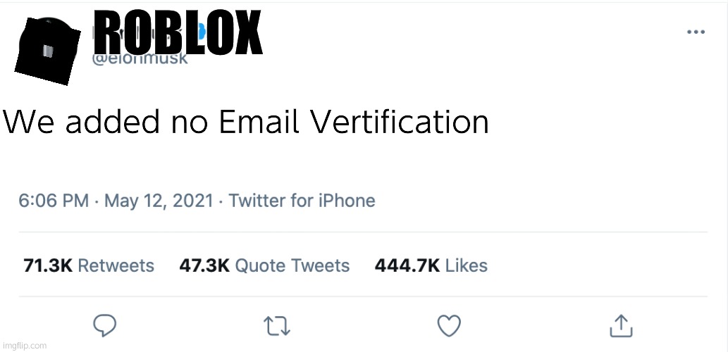 Elon Musk Blank Tweet |  ROBLOX; We added no Email Vertification | image tagged in roblox | made w/ Imgflip meme maker