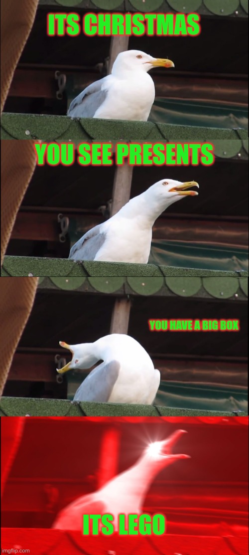 Inhaling Seagull Meme | ITS CHRISTMAS; YOU SEE PRESENTS; YOU HAVE A BIG BOX; ITS LEGO | image tagged in memes,inhaling seagull | made w/ Imgflip meme maker