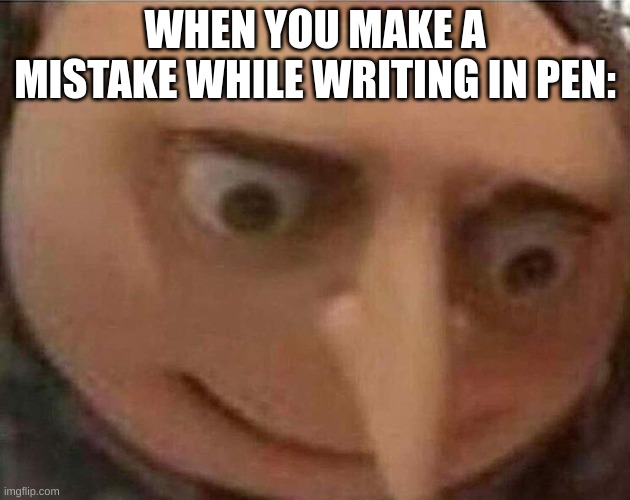 gru meme | WHEN YOU MAKE A MISTAKE WHILE WRITING IN PEN: | image tagged in gru meme | made w/ Imgflip meme maker