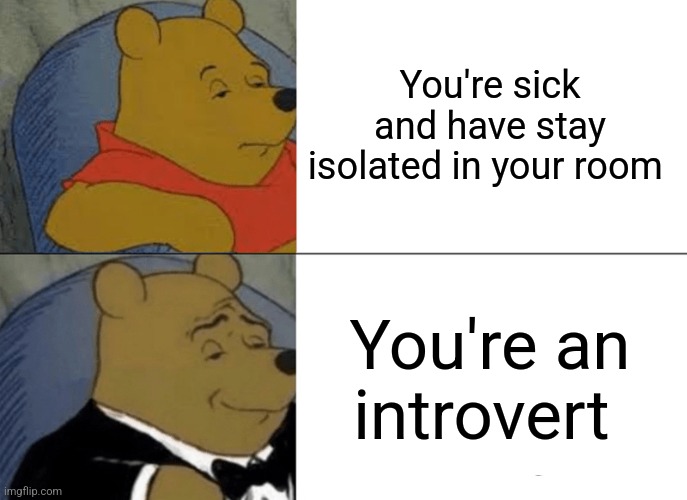 Mm yes I love being an introvert | You're sick and have stay isolated in your room; You're an introvert | image tagged in memes,tuxedo winnie the pooh | made w/ Imgflip meme maker