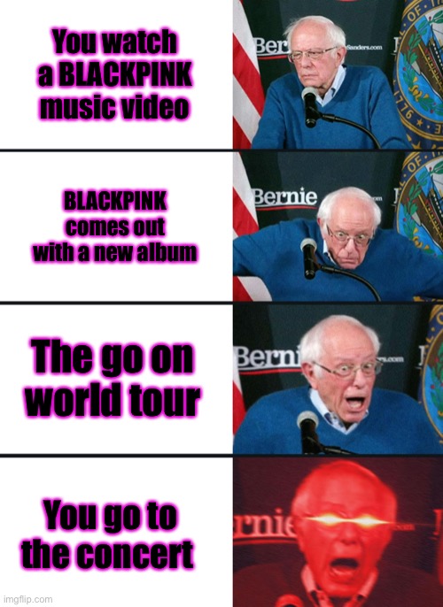 BLINK life | You watch a BLACKPINK music video; BLACKPINK comes out with a new album; The go on world tour; You go to the concert | image tagged in bernie sanders reaction nuked | made w/ Imgflip meme maker