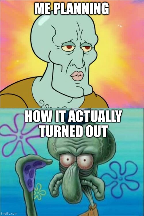 Squidward Meme | ME PLANNING HOW IT ACTUALLY TURNED OUT | image tagged in memes,squidward | made w/ Imgflip meme maker