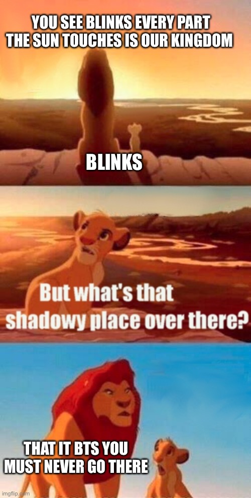 Simba Shadowy Place Meme | YOU SEE BLINKS EVERY PART THE SUN TOUCHES IS OUR KINGDOM; BLINKS; THAT IT BTS YOU MUST NEVER GO THERE | image tagged in memes,simba shadowy place | made w/ Imgflip meme maker