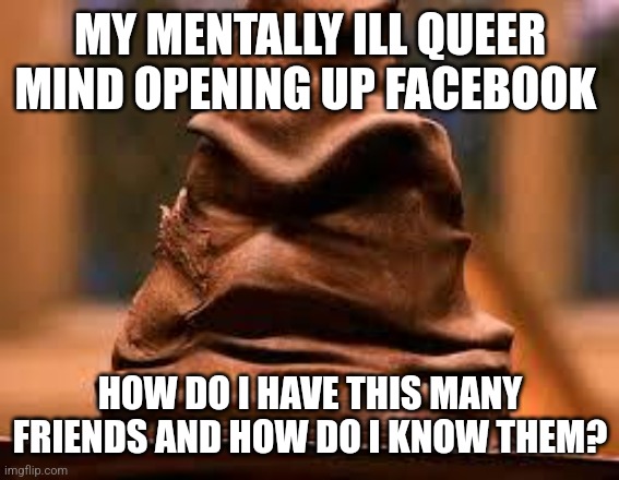Organizing your Facebook friends be like: |  MY MENTALLY ILL QUEER MIND OPENING UP FACEBOOK; HOW DO I HAVE THIS MANY FRIENDS AND HOW DO I KNOW THEM? | image tagged in harry potter sorting hat,facebook problems,chores,mental illness,adhd,lgbtq | made w/ Imgflip meme maker