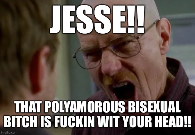 stop fawkin with these hoesjesse | JESSE!! THAT POLYAMOROUS BISEXUAL BITCH IS FUCKIN WIT YOUR HEAD!! | image tagged in breaking bad,jesse pinkman,walter white,bisexual,polyamorous relationship | made w/ Imgflip meme maker